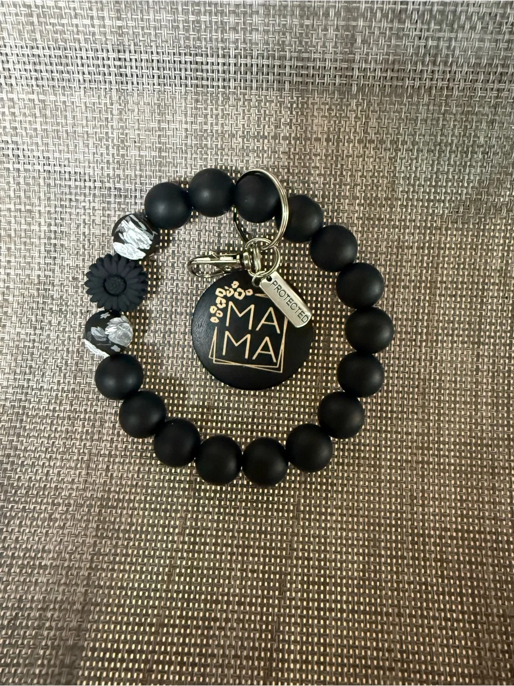 Mama Black Beaded Wristlet Keychain with Charm